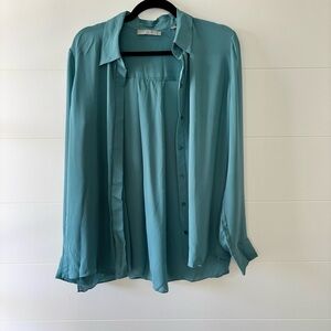 Vince Silk Button-Down Blouse – Size 10 – Teal Blue